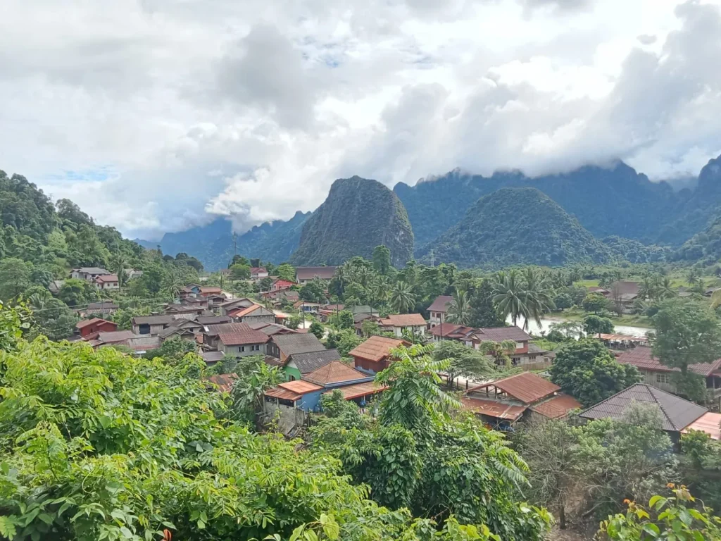 Mountain landscape and riverside village in Laos