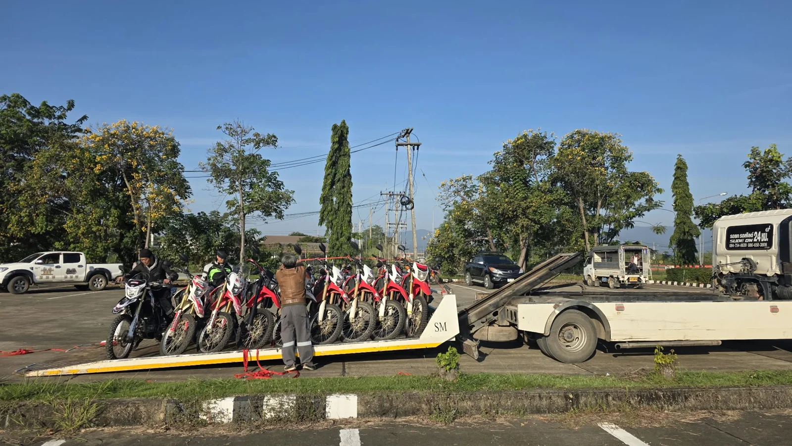 Motorcycles prepared for transport.